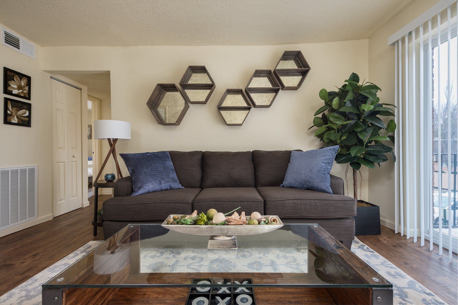 Cozy living room with brown sofa, glass coffee table, geometric wall decor, and potted plant by sliding door