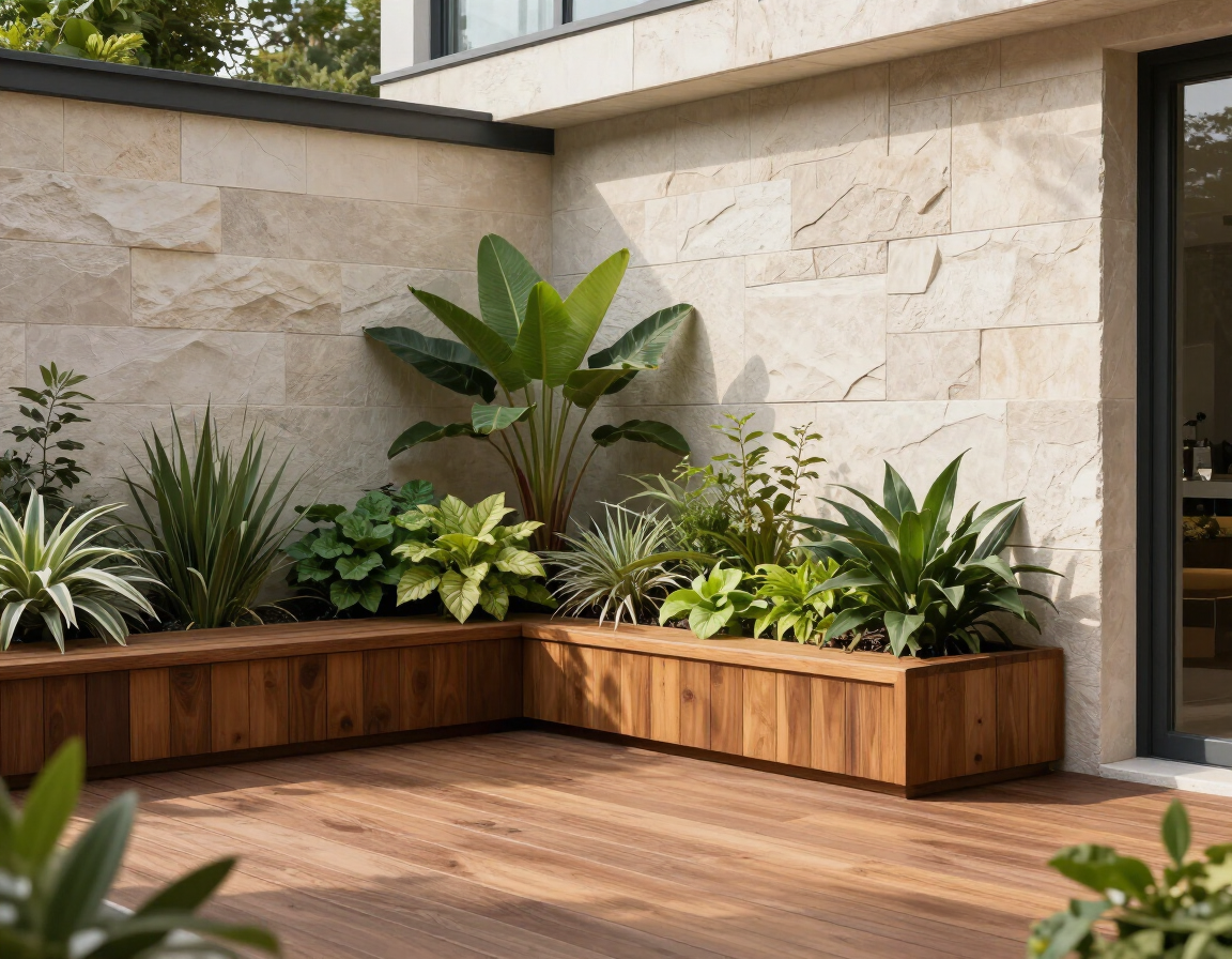 Banco de madera con jardineras y exuberantes plantas tropicales en un patio soleado junto a un muro de piedra.
