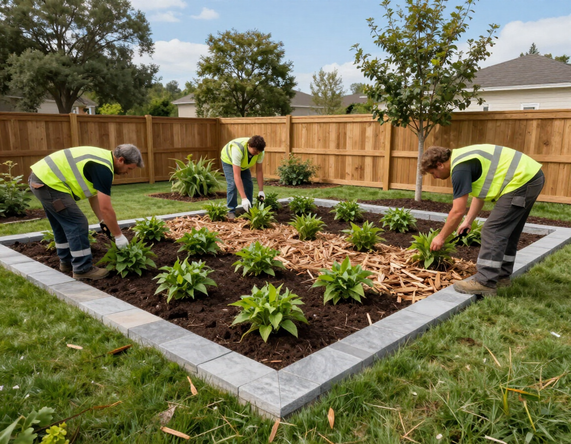 Tres trabajadores con chalecos reflectantes plantan un parterre en un patio trasero cercado.