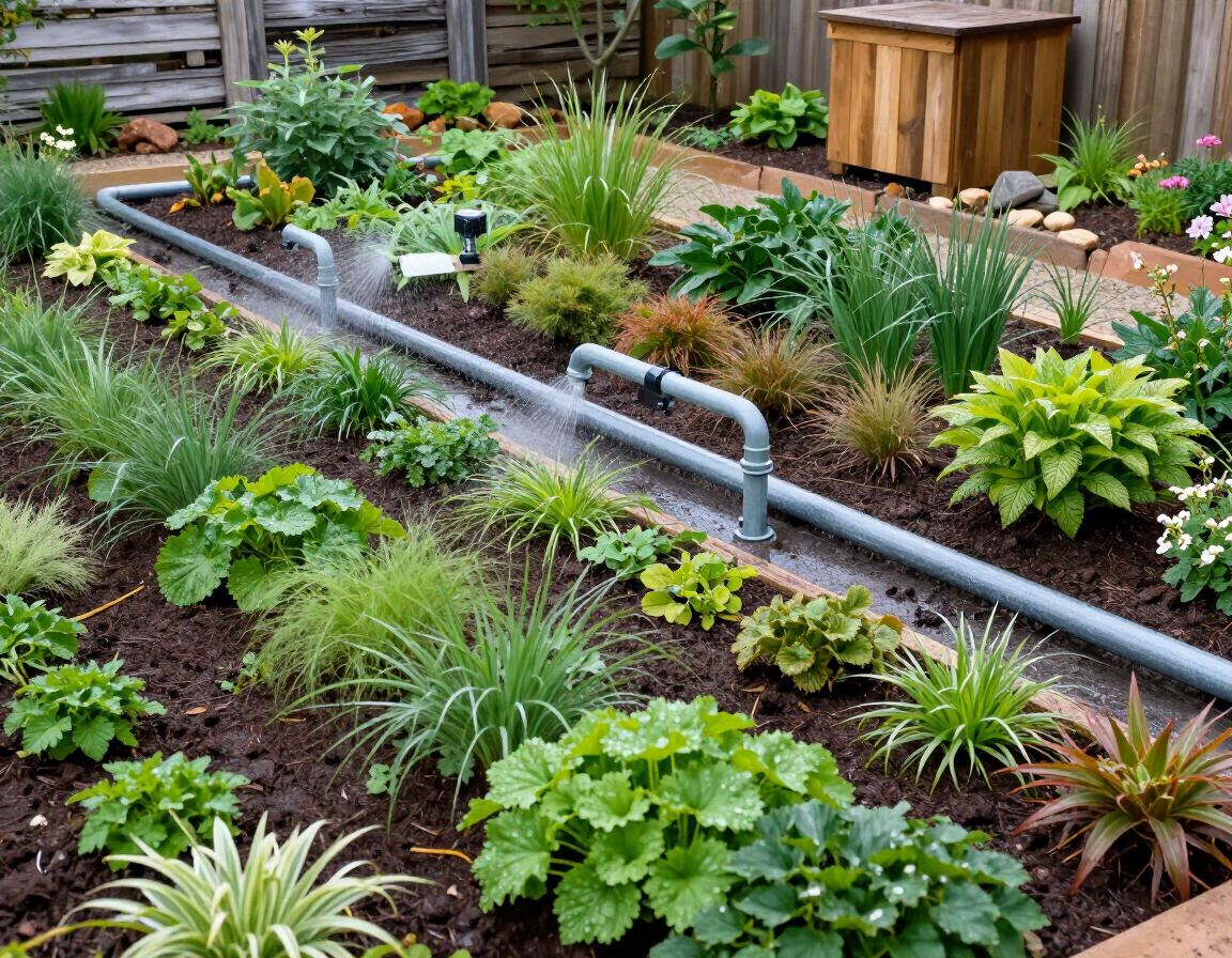 Huertos elevados con plantas verdes exuberantes y un sistema de riego por goteo en un patio trasero.