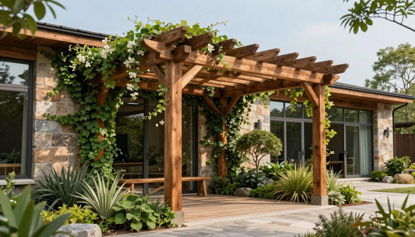 Pérgola de madera sobre un patio junto a una casa moderna, rodeada de exuberante vegetación.