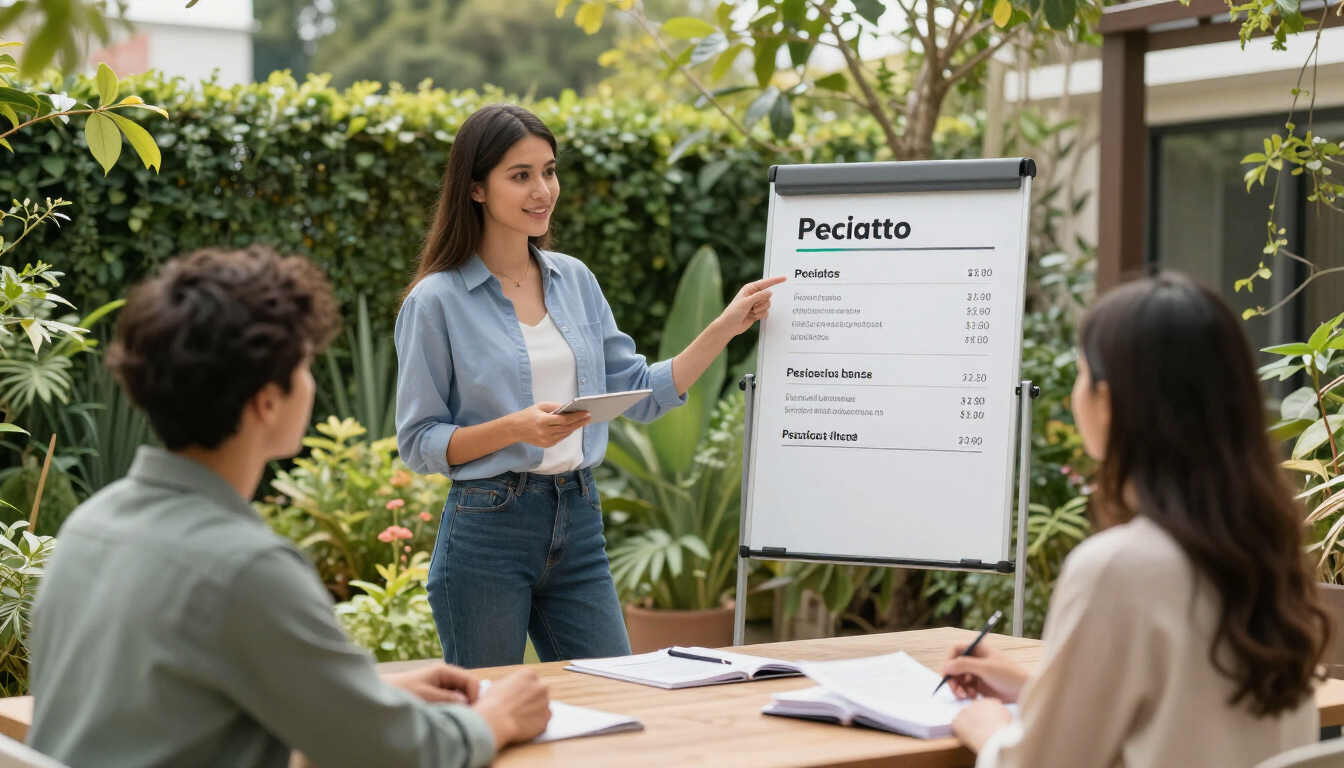El presentador señala un rotafolio durante una reunión al aire libre con tres personas alrededor de una mesa.