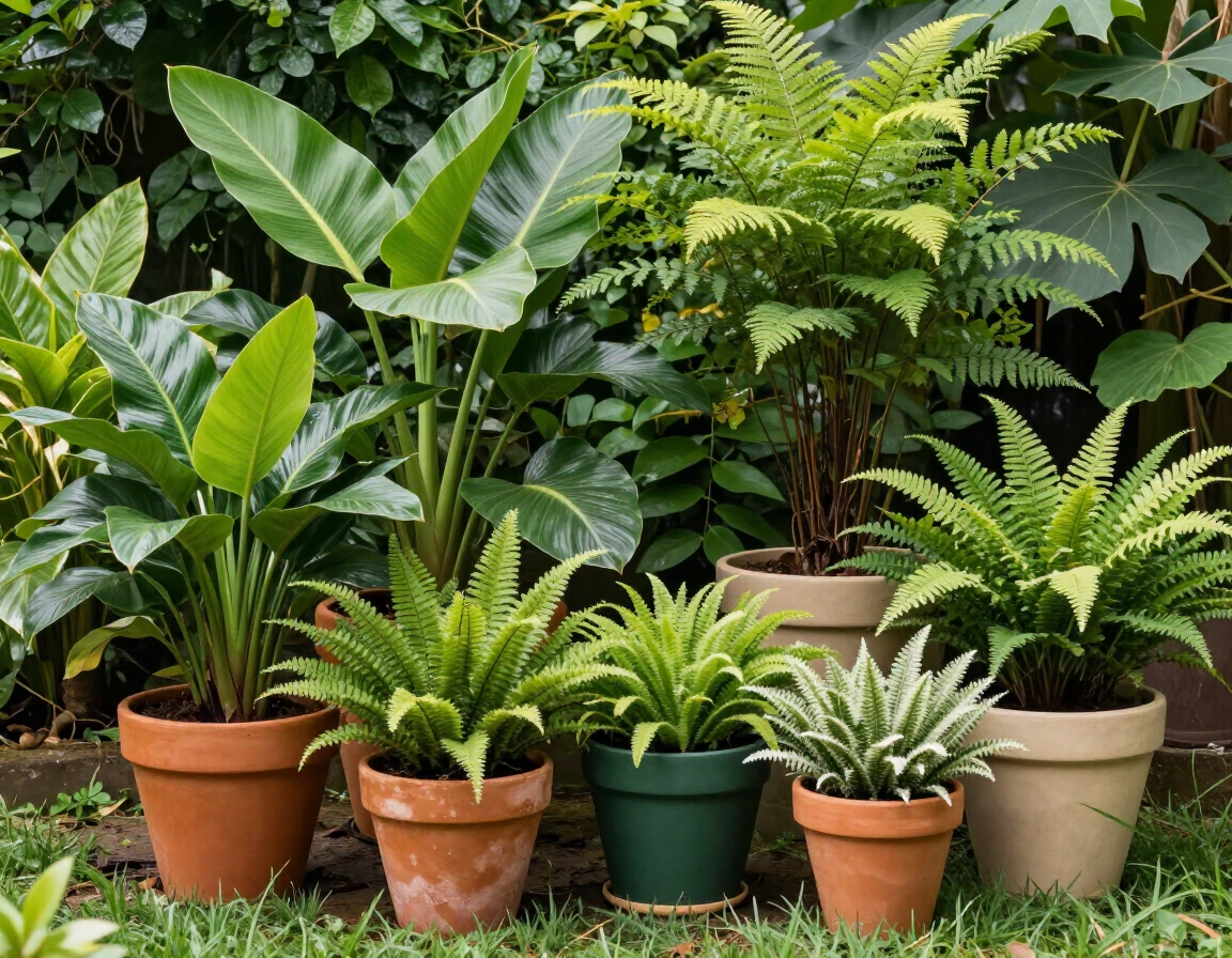 Helechos y plantas tropicales en macetas dispuestas sobre césped en un entorno de jardín exuberante.
