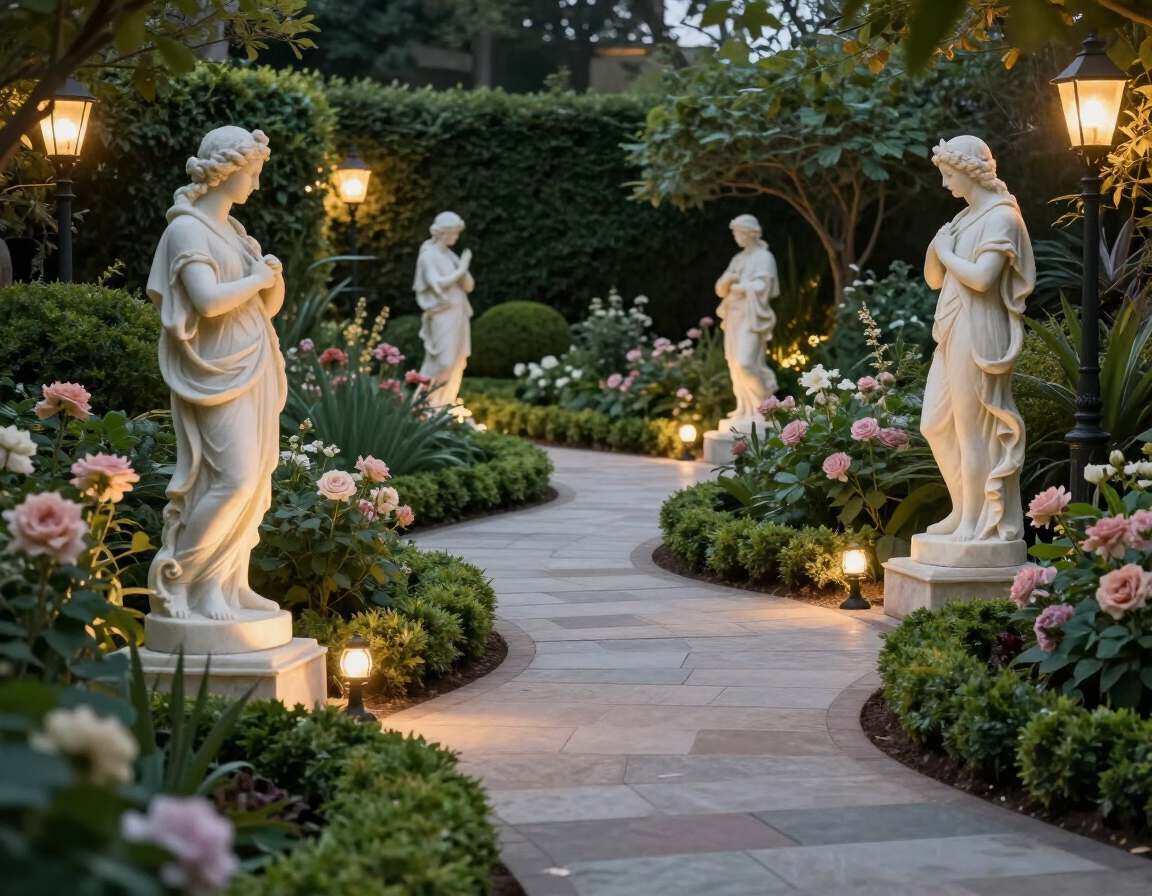 Estatuas que bordean un sinuoso sendero de jardín, iluminadas por cálidas lámparas y rodeadas de flores y setos rosas.
