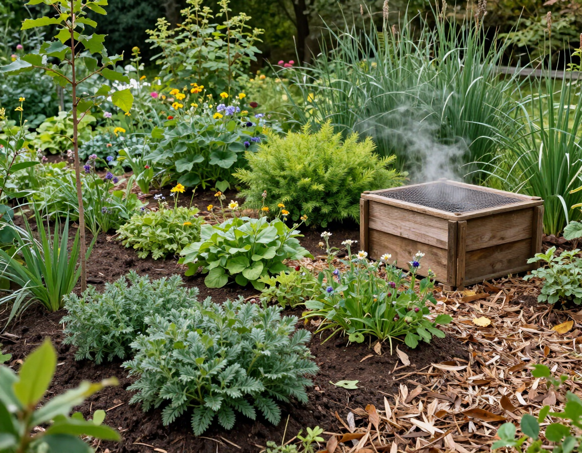 Un compostador de madera para jardín entre exuberantes plantas y flores verdes en un parterre cubierto de mantillo.