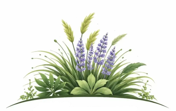 Flores silvestres moradas y verdes con altas flores de color lavanda y follaje frondoso en un arreglo de estilo jardín.