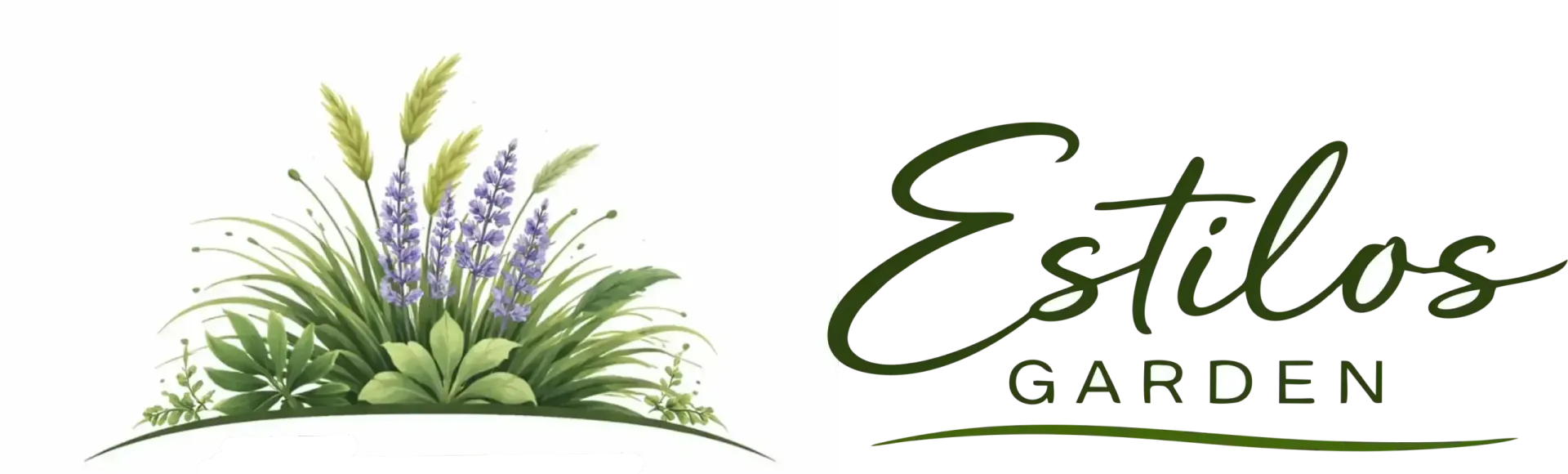 Logotipo de Estilos Garden con plantas verdes y flores moradas sobre un fondo blanco.