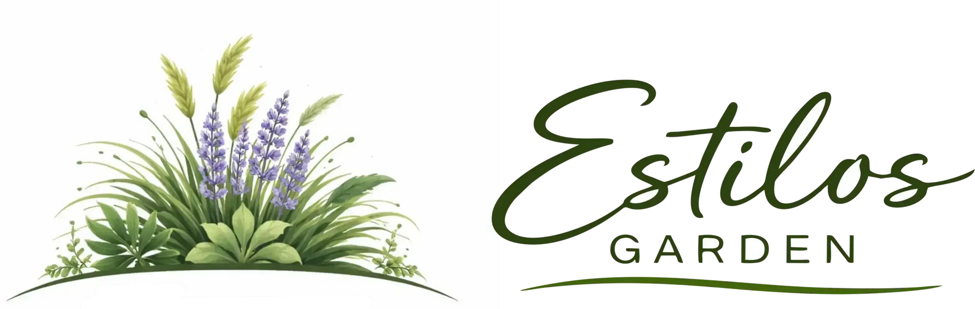 Logotipo de Estilos Garden con follaje verde y flores moradas sobre un fondo blanco.