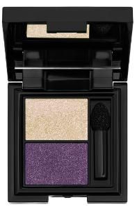 Open black eyeshadow compact with gold and purple shades, and applicator.