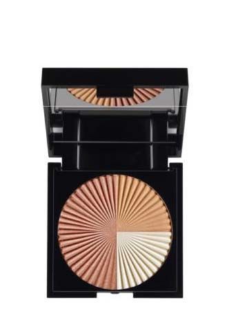 A black compact with a circular, four-shade highlighter with a mirror.