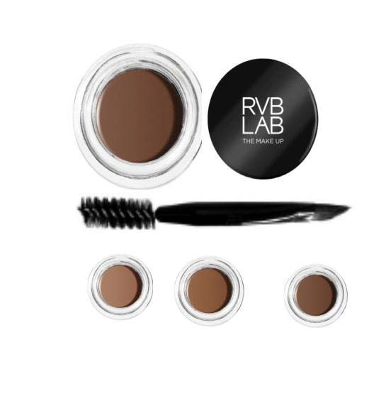 Eyebrow makeup set with dark brown pot, black lid, brow brush, and 3 smaller brow pots.