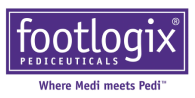 Footlogix pediceuticals logo: Purple rectangular box with white text. Motto: 
