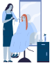 Hairdresser cuts client's red hair in a salon; client is draped in a white sheet, seated in front of a mirror.