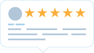 Review bubble with five gold stars and placeholder user profile.