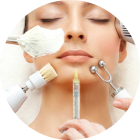 Close-up of a facial skincare treatment with brushes, applicators, and serum on a woman's face