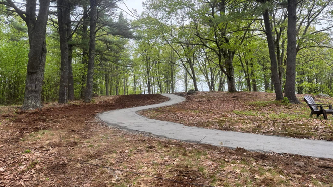 Winding paved path through a wooded area with trees and a park bench.