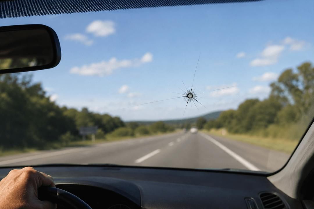 Driver’s view of a highway with a cracked windshield and clear blue sky