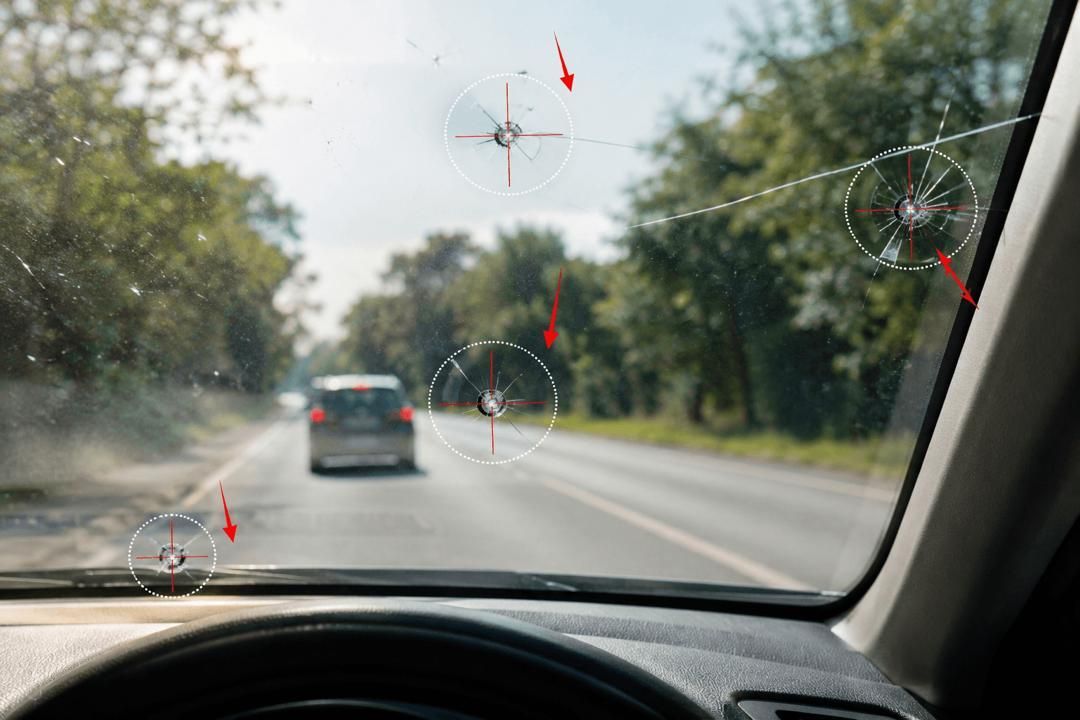 Cracked car windshield with spiderweb damage, view of road and vehicles ahead