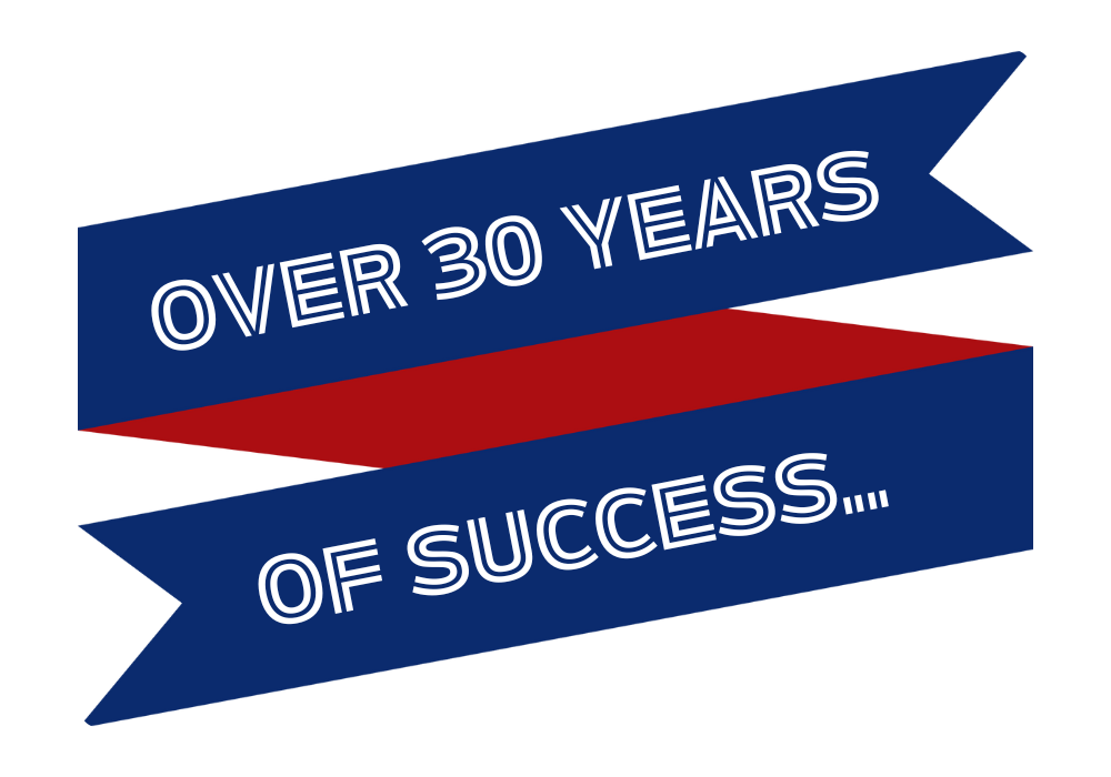 A blue and red ribbon that says over 30 years of success