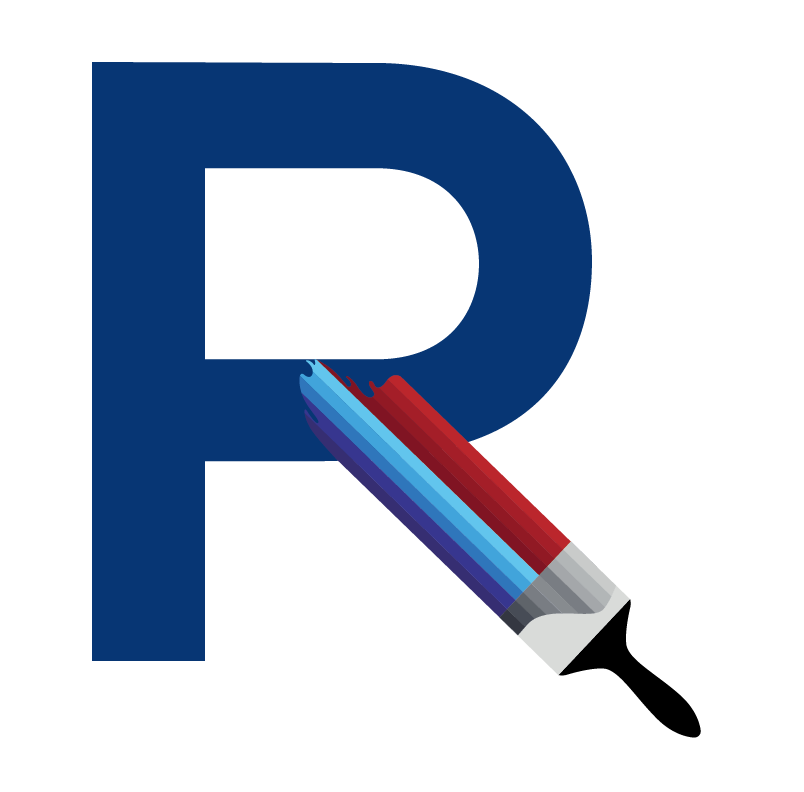 Une lettre R bleue avec un pinceau attaché dessus