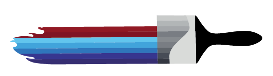 Un pinceau rouge, bleu et violet avec un manche noir sur fond blanc.