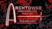 Archtowne Mobile Gaming Theater logo with red-and-black splatter background and phone number 314-680-9861