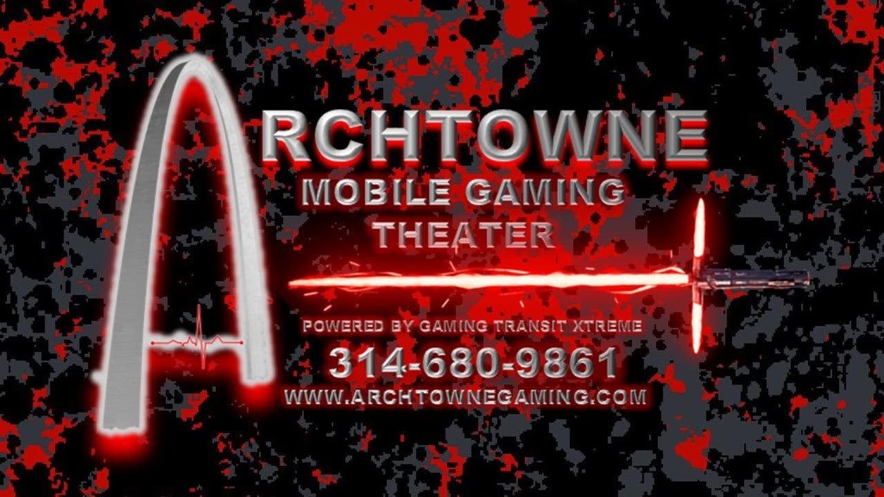 Archtowne Mobile Gaming Theater logo with red-and-black splatter background and phone number 314-680-9861