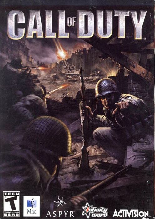 Call of Duty game cover with soldiers in a dark, smoky WWII battlefield under the title logo