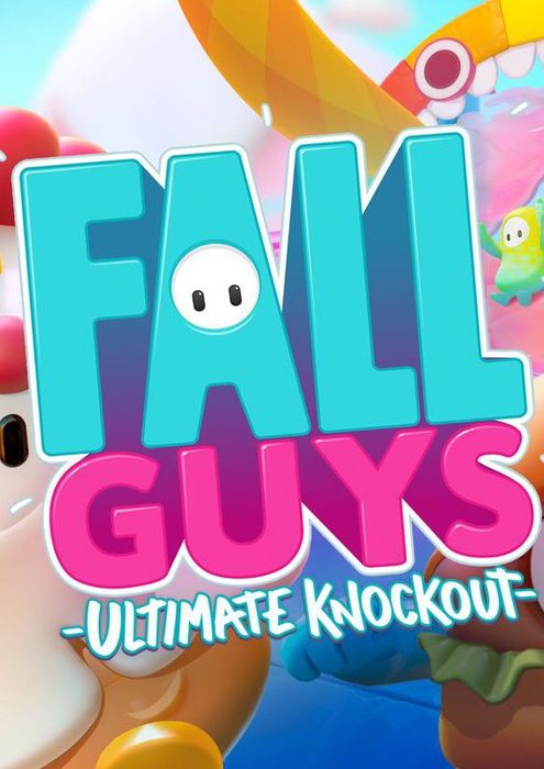 Fall Guys: Ultimate Knockout game cover with bright pink and teal logo and colorful characters