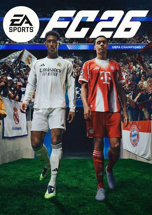 EA Sports FC 26 cover featuring two soccer players in white and red kits walking onto the pitch