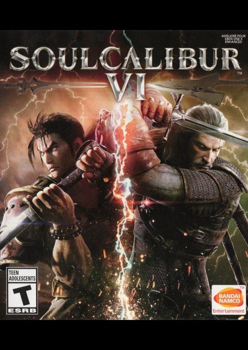 Soulcalibur VI game cover with two sword fighters back-to-back amid red lightning, dramatic fantasy artwork
