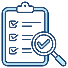 Blue clipboard with checklist items marked complete, magnified by a magnifying glass with a check mark.