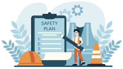 Person drafting a safety plan, with hard hat, cone, vest, and gears.