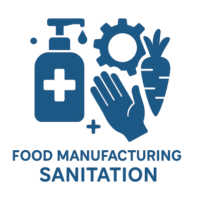 Food manufacturing sanitation icon: hand sanitizer, gear, hand, carrot.