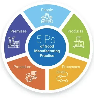 Diagram of the 5 Ps of Good Manufacturing Practice: People, Products, Processes, Procedure, and Premises.