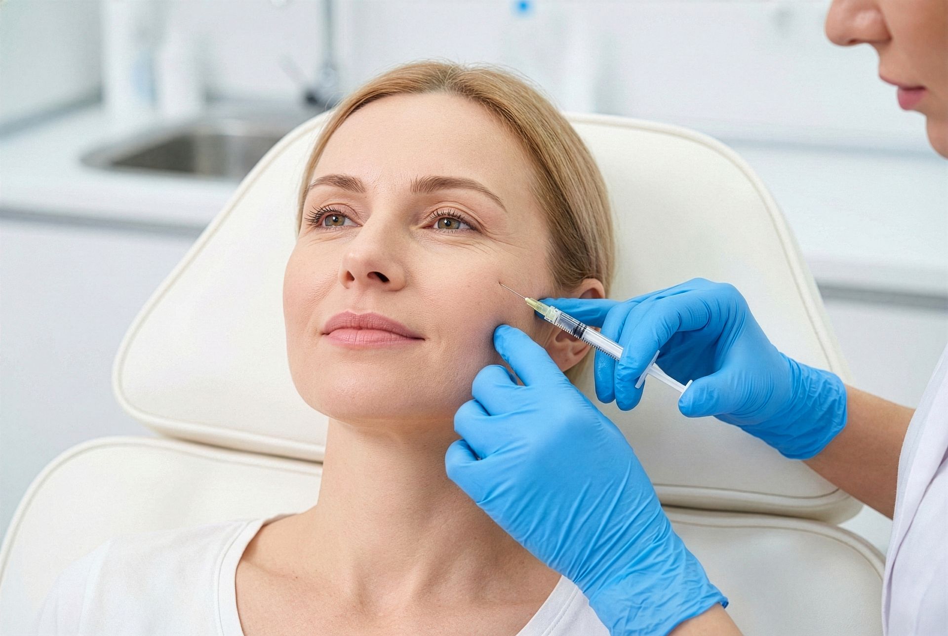 A clinician in blue gloves administers a facial cosmetic injection to a patient in a medical setting.