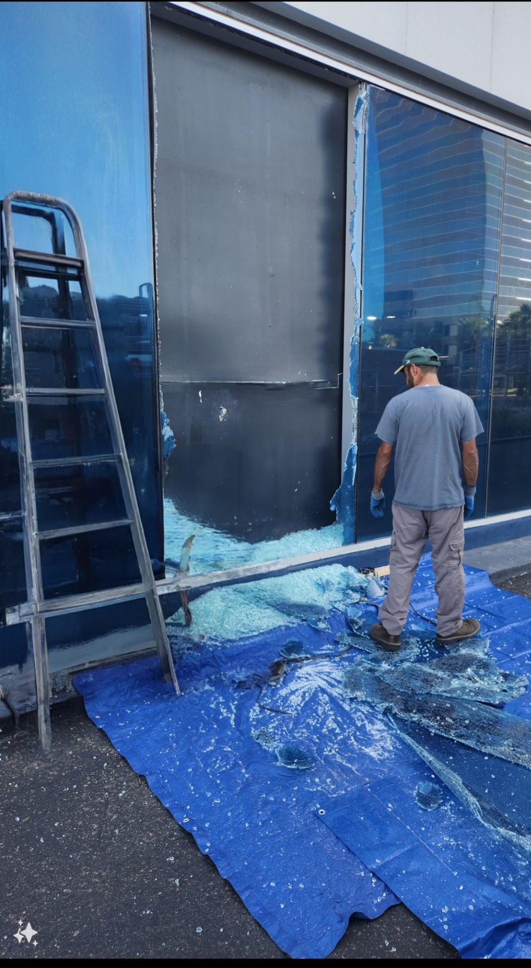 Man near broken window covered with blue tarp, ladder nearby.