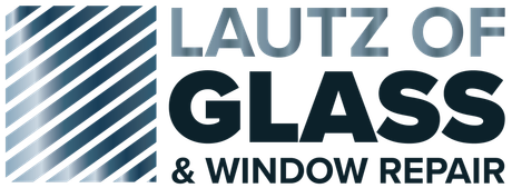 Logo for Lautz of Glass & Window Repair, with dark blue 