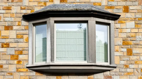 Bay window with stone frame and roof, set in a brick wall.