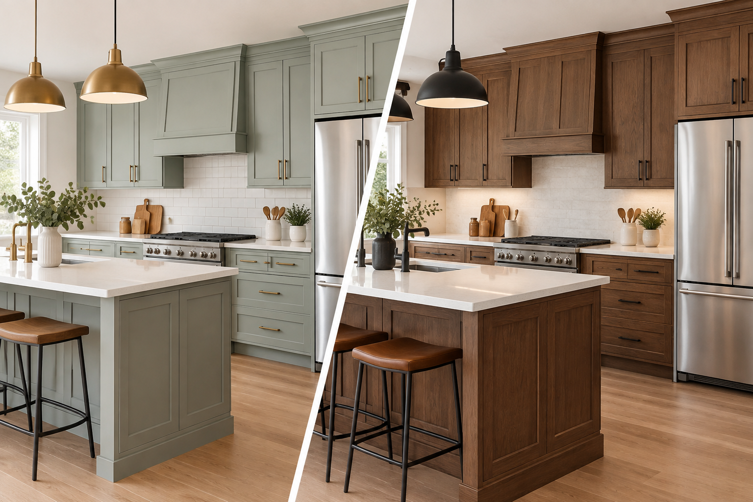 Split-view kitchen makeover: sage green before and warm wood after, with white countertops and brass pendants.