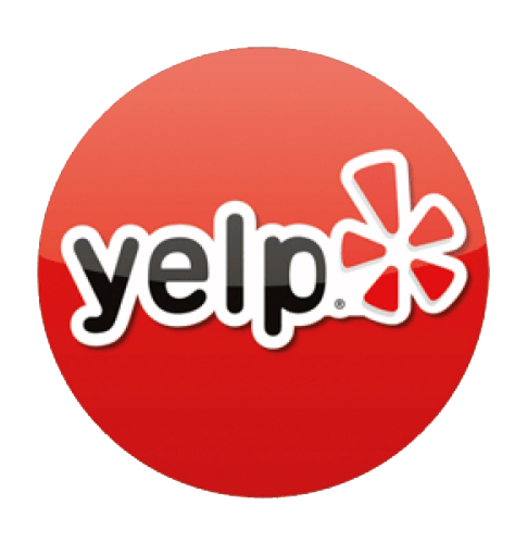 A yelp logo in a red circle on a white background
