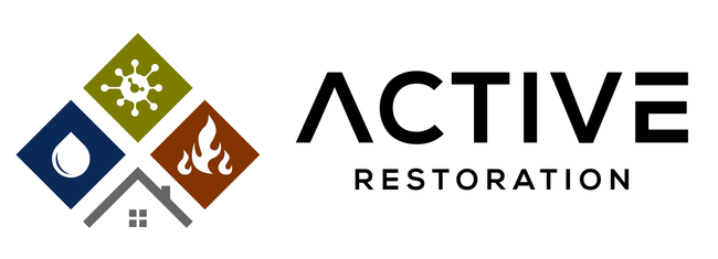 The logo for active restoration shows a house , fire , water , and sun.