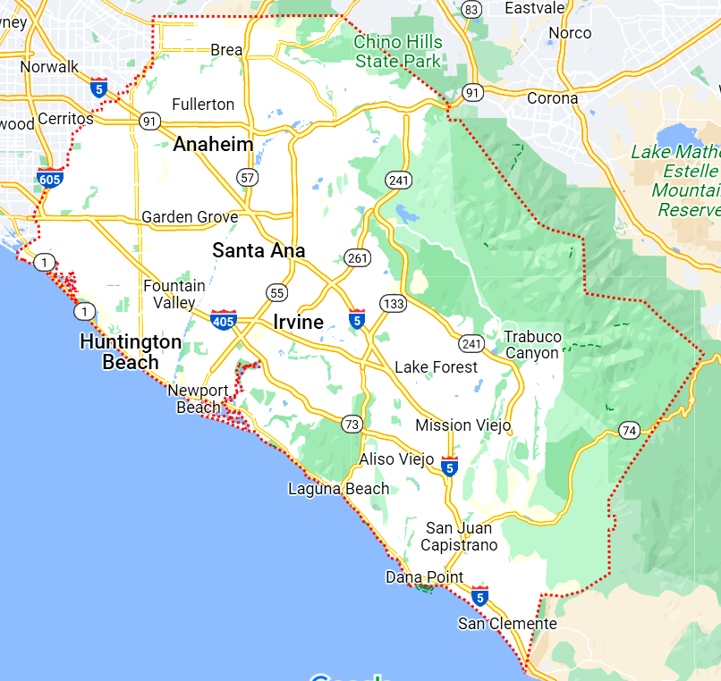 A map showing the location of santa ana and huntington beach