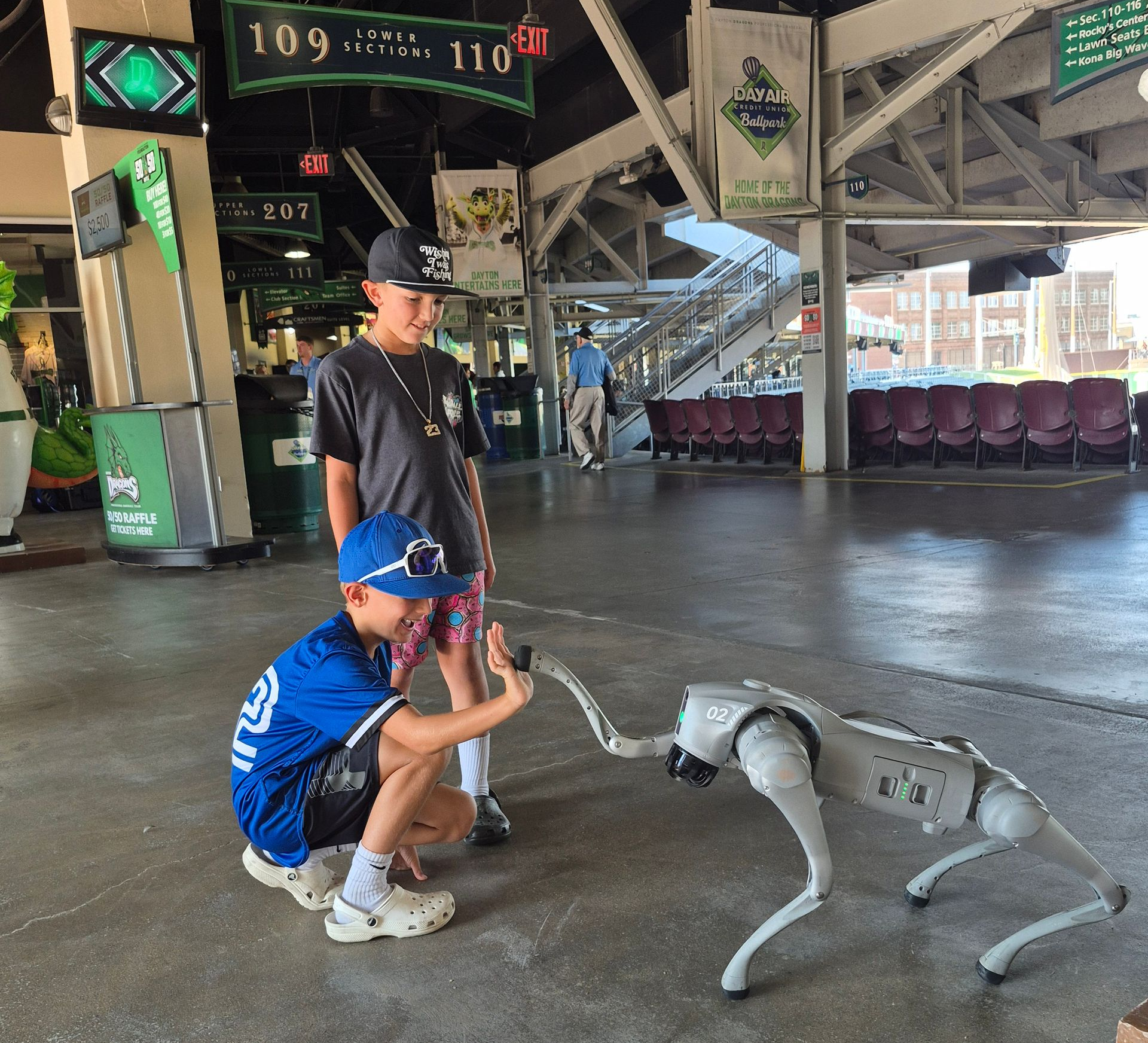 Robot Experience AI Robot Dog Engaging Fans at Dayton Dragons Baseball Game