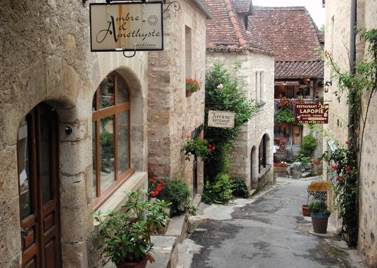 Narrow cobblestone alley with stone buildings, flower pots, and hanging shop signs