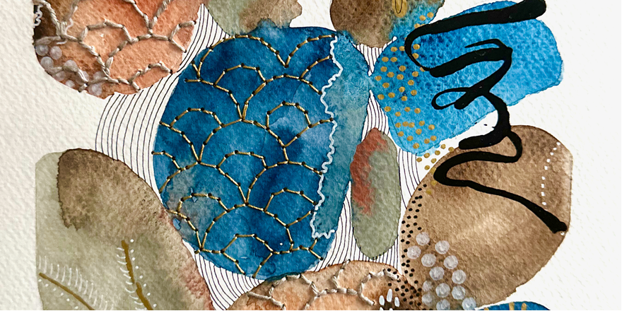 A close up of a painting of circles and leaves on a white background by our partner artist, Ana Falceta