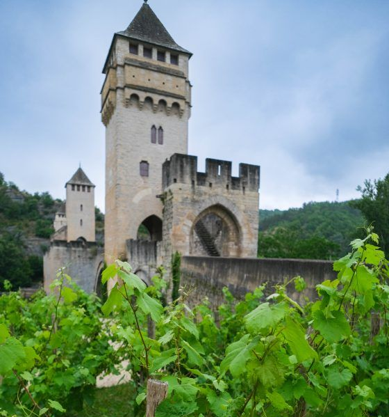 Stone castle tower and arched gate behind lush green foliage under a cloudy sky
