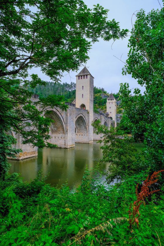 Stone bridge and towers over a river, framed by lush green trees and foliage.