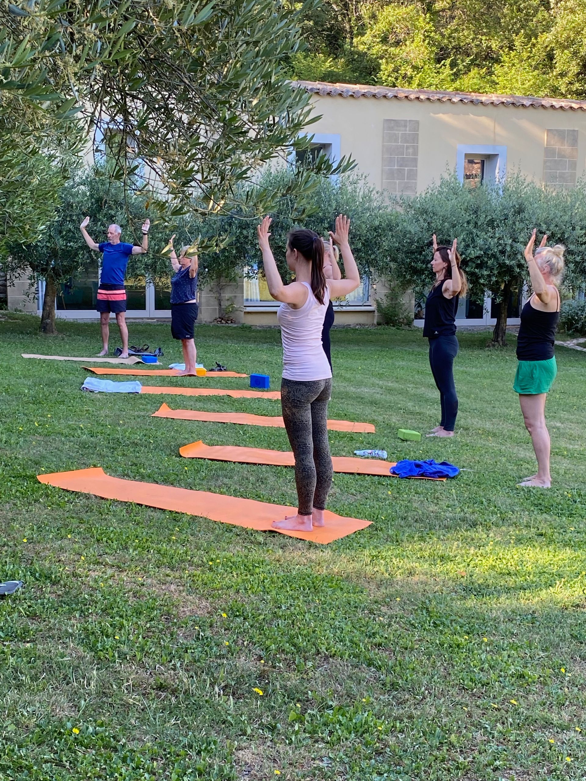 Retreat participants practicing yoga outdoors in a peaceful garden surrounded by trees in southern France