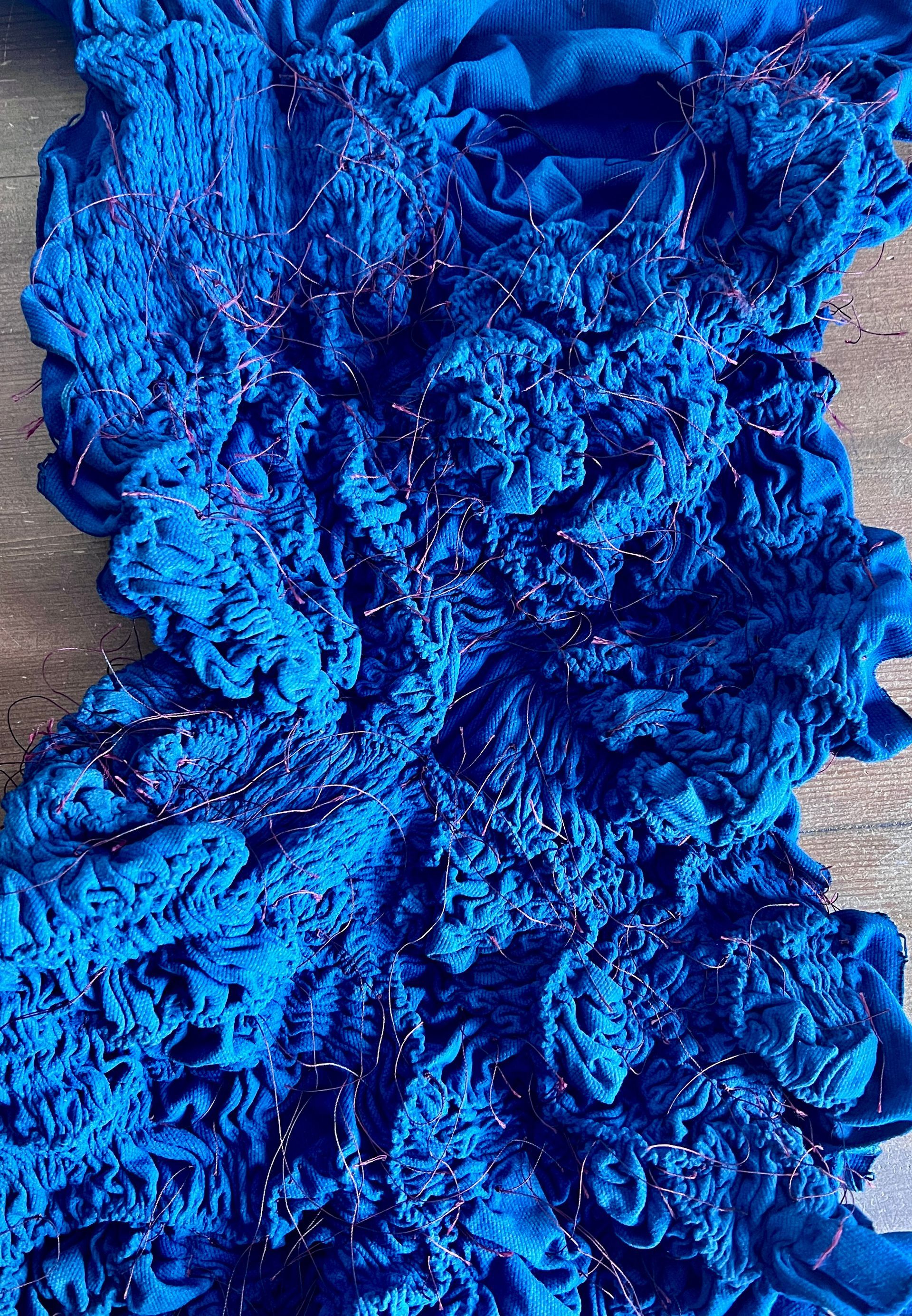 Bright blue indigo dyed fabric crumpled woven thread by Sophie Cagniart, Silent Wave Studio